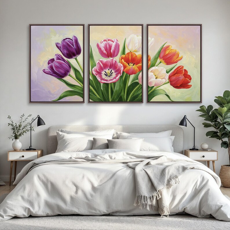 Spring Floral Wall Art Set of 3 | Tulip Flower Triptych in Pastel Tones ...