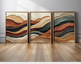 Neutral Earthy Wall Art Prints Set of 3 | Abstract Layered Terrain in Warm Terracotta, Beige, and Green | Rustic Boho Landscape Wall Decor
