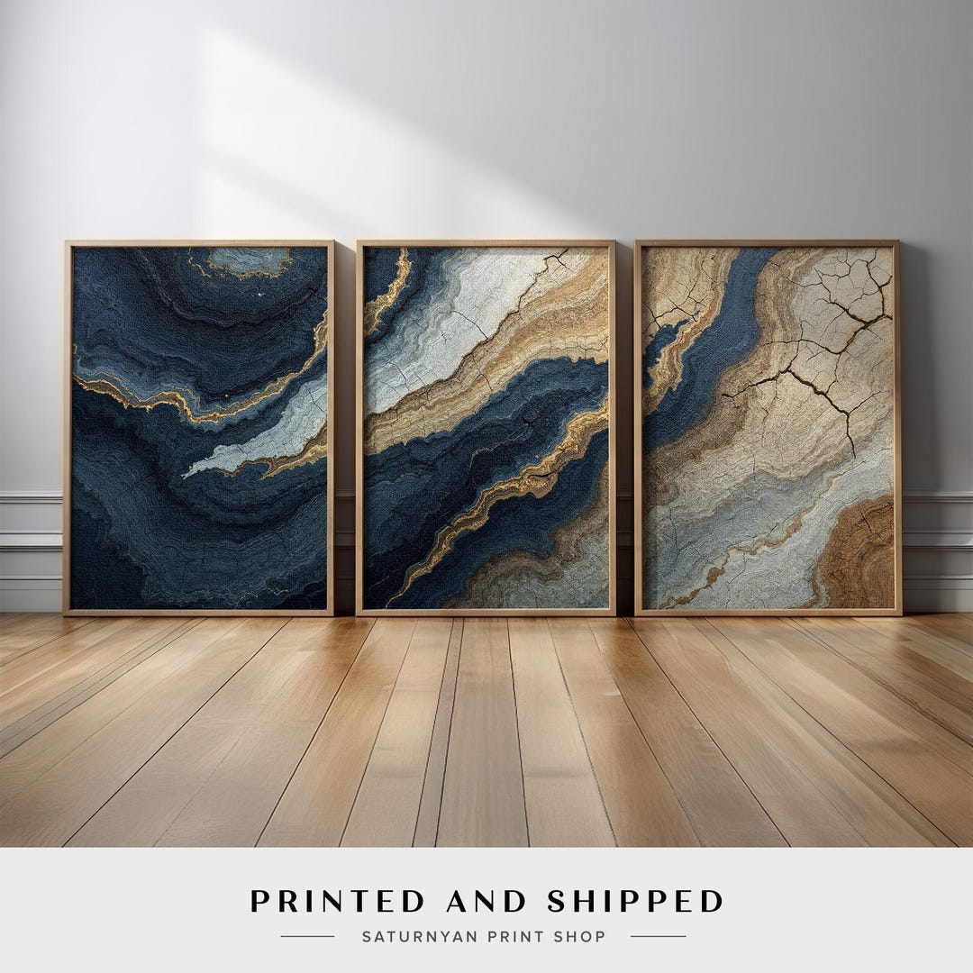 Modern Abstract Triptych Wall Art | Navy Blue Gold Geological Set of 3 ...