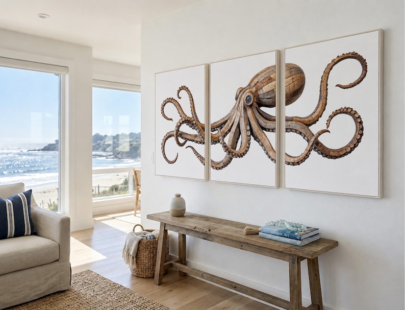 May include: A triptych wall art set featuring a large octopus illustration composed of brown wooden plank textures against a plain white background. The octopus spans across three separate rectangular framed panels, displaying detailed suckers and curved tentacles.