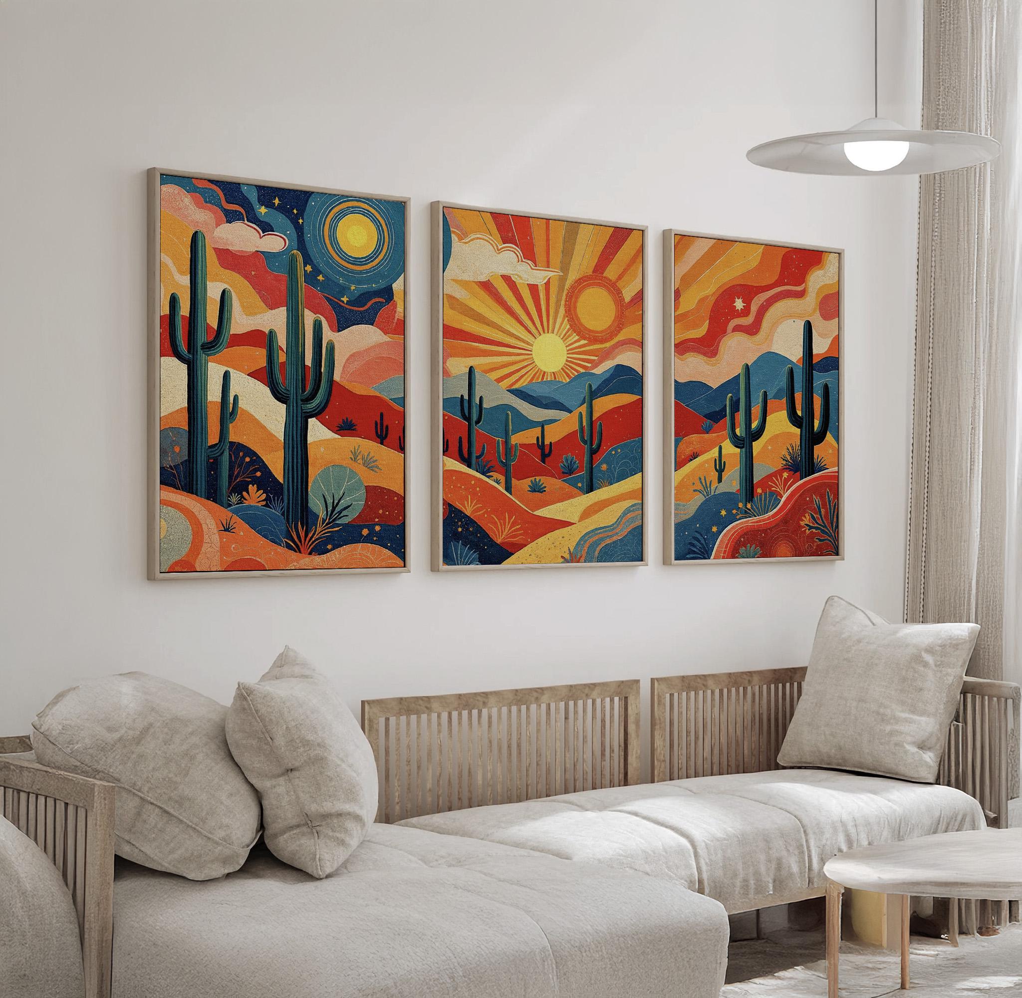 Vibrant Desert Landscape Wall Art | Cactus Sunset and Sunrise Set of 3 ...