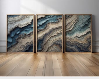 Blue and Beige Abstract Wall Art Set of 3 | Modern Geode Inspired Triptych Canvas Prints with Stone Pattern for Living Room or Office