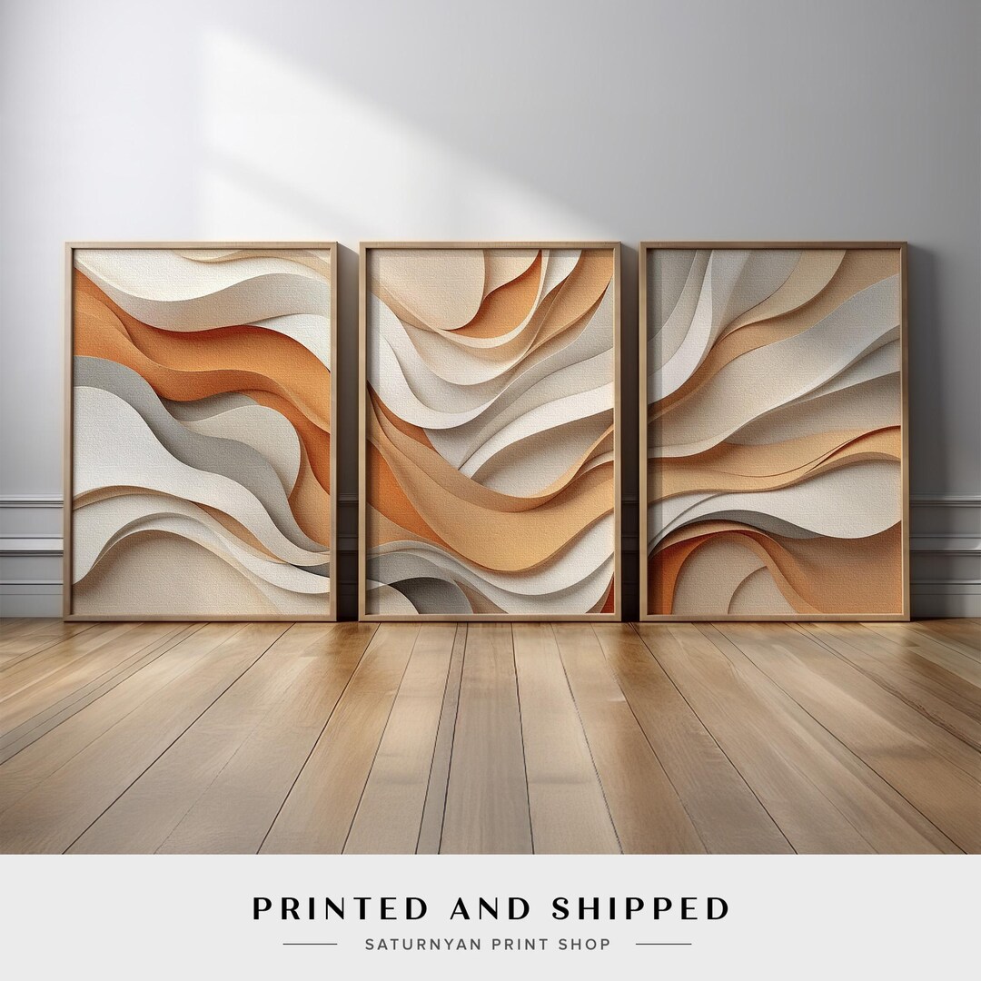 Neutral Abstract Wall Art Set of 3 | Minimalist Beige and Cream Wave ...