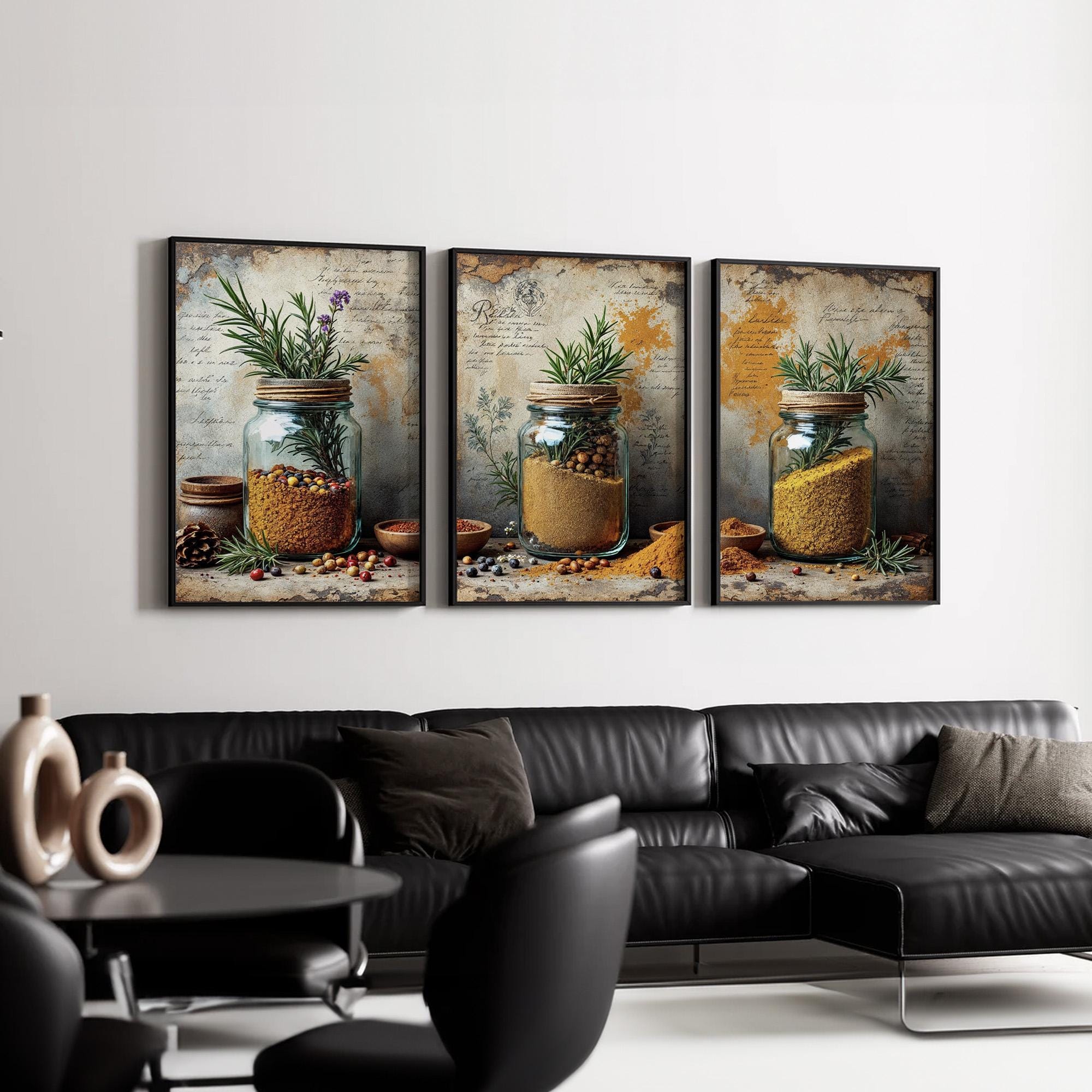 Rustic Kitchen Wall Art Set of 3 | Spice Jars & Herbs Prints ...