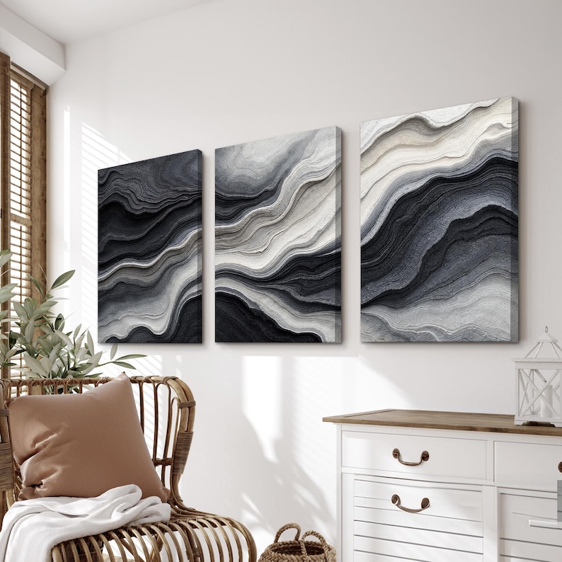 Black White and Gray Abstract Wave Wall Art | Set of 3 Modern Canvas ...