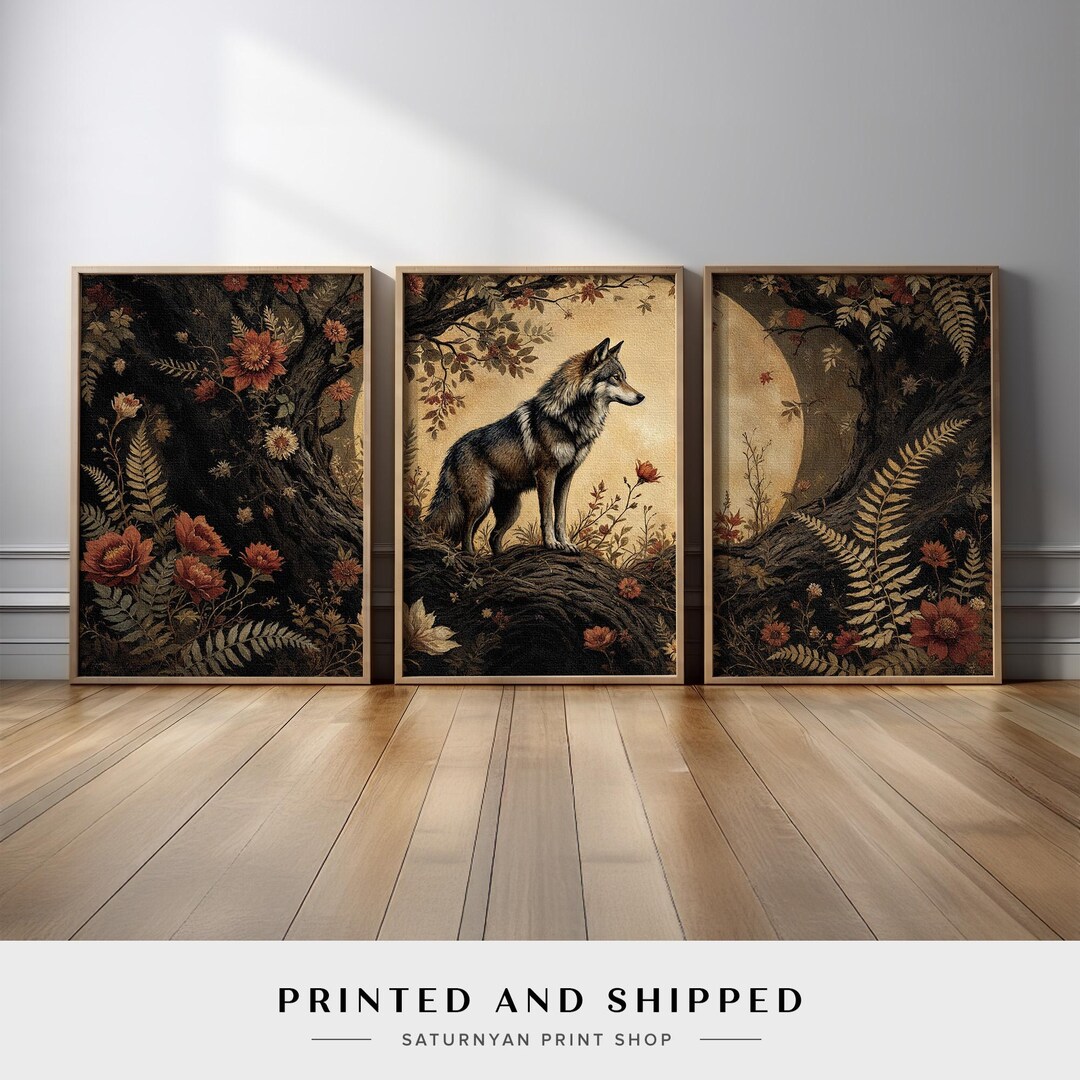 Rustic Wolf Wolf Forest Wall Art Set of 3 | Moonlit Woodland Canvas Prints | Boho ...
