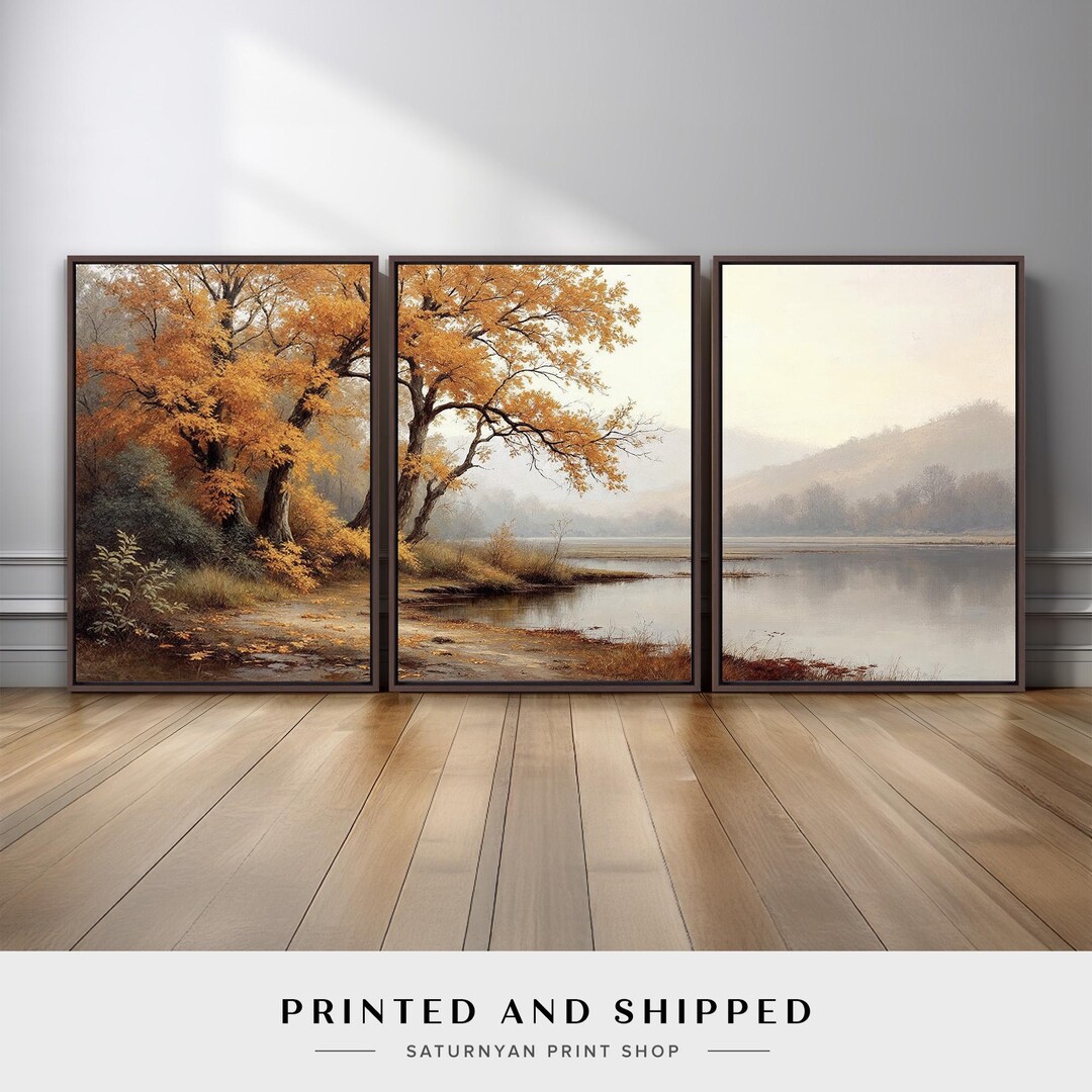 Autumn Landscape Wall Art Set of 3 | Golden Tree and Lake Triptych ...