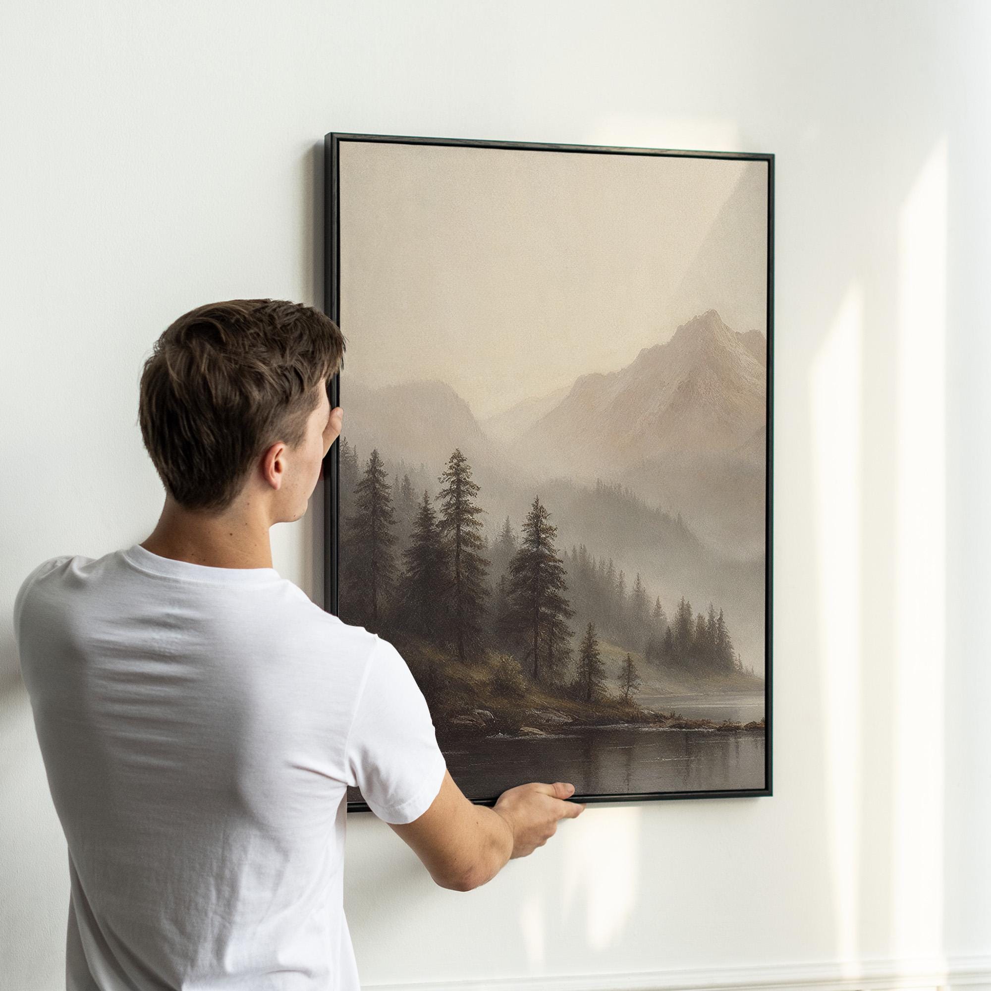 Neutral Landscape Wall Art Set of 3 | Misty Mountain Lake Canvas Prints ...