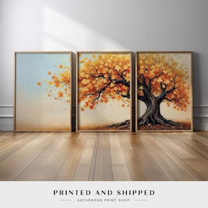 Juego de 3 lienzos decorativos de arce otoñal. Póster o lienzo con vibrantes hojas otoñales en cálidos tonos naranja y amarillo. Decoración acogedora para el hogar.
