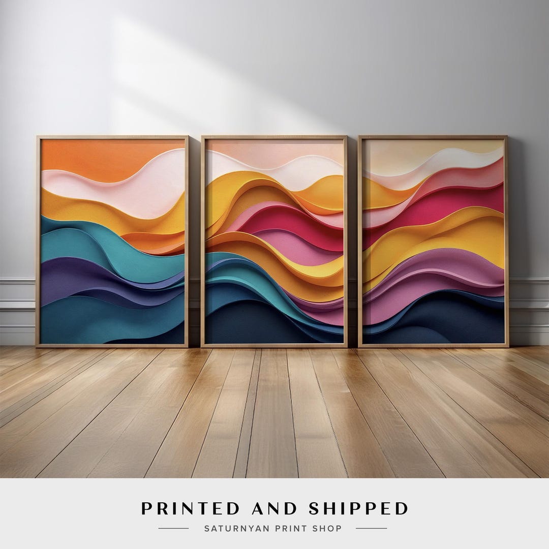 Colorful Paper Wave Abstract Wall Art Set of 3 | Teal Navy Pink and ...