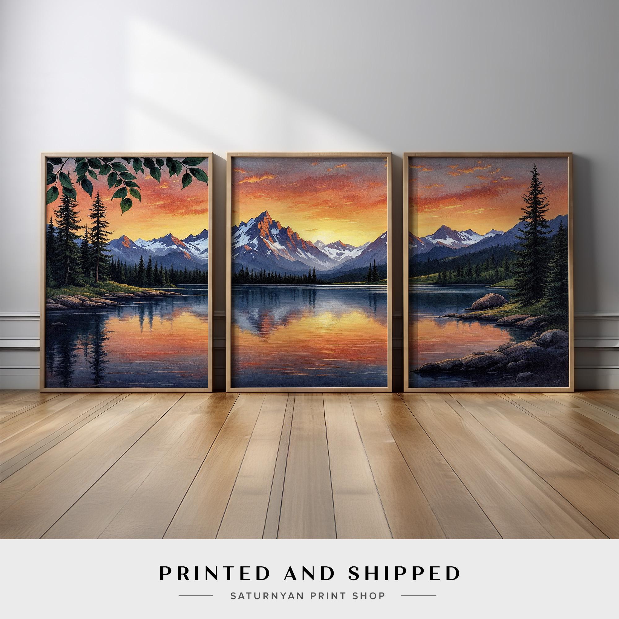 Sunset Mountain Lake Wall Art Set of 3 | Snowy Peaks, Pine Trees, and ...