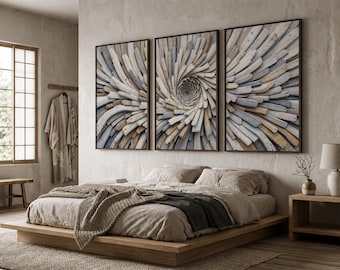 Driftwood Spiral Wall Art Set of 3 | Neutral Coastal Triptych with Organic Wood Swirl Design | Modern Beach House Decor for Living Room