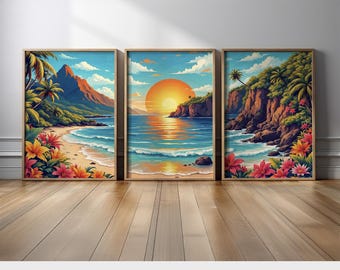 Hawaiian Beach Sunset Triptych, Coastal Wall Art Set, Ocean Waves & Palm Trees, Vibrant Tropical Paradise Painting, Summer Home Decor