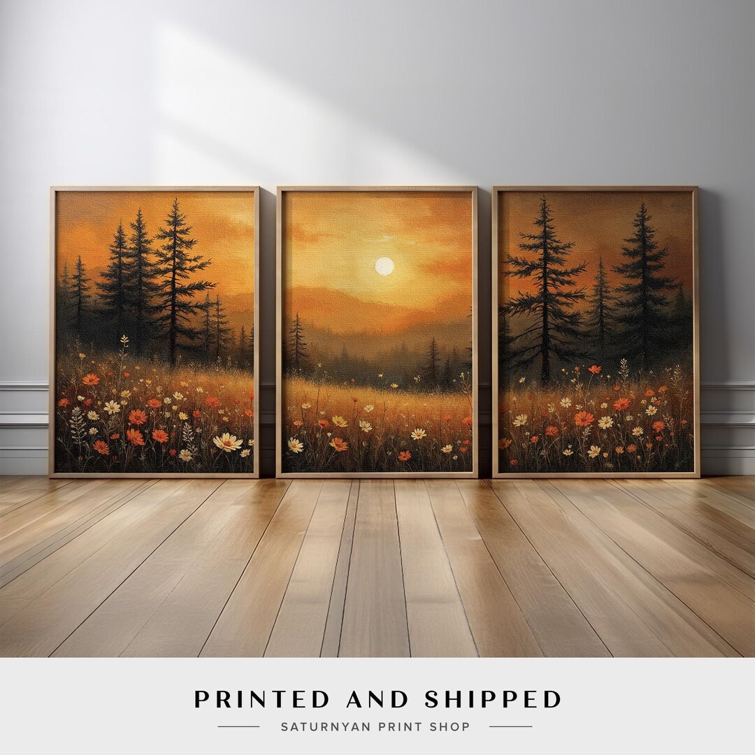 Warm Sunset Meadow Wall Art Set of 3 | Golden Autumn Landscape With ...