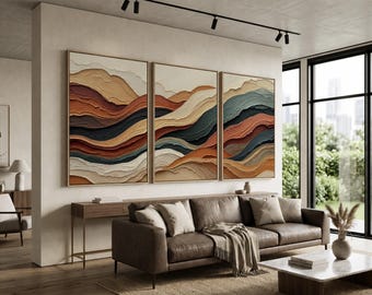 Neutral Earthy Wall Art Prints Set of 3 | Abstract Terrain in Warm Terracotta, Beige, and Green | Rustic Boho Landscape Wall Decor