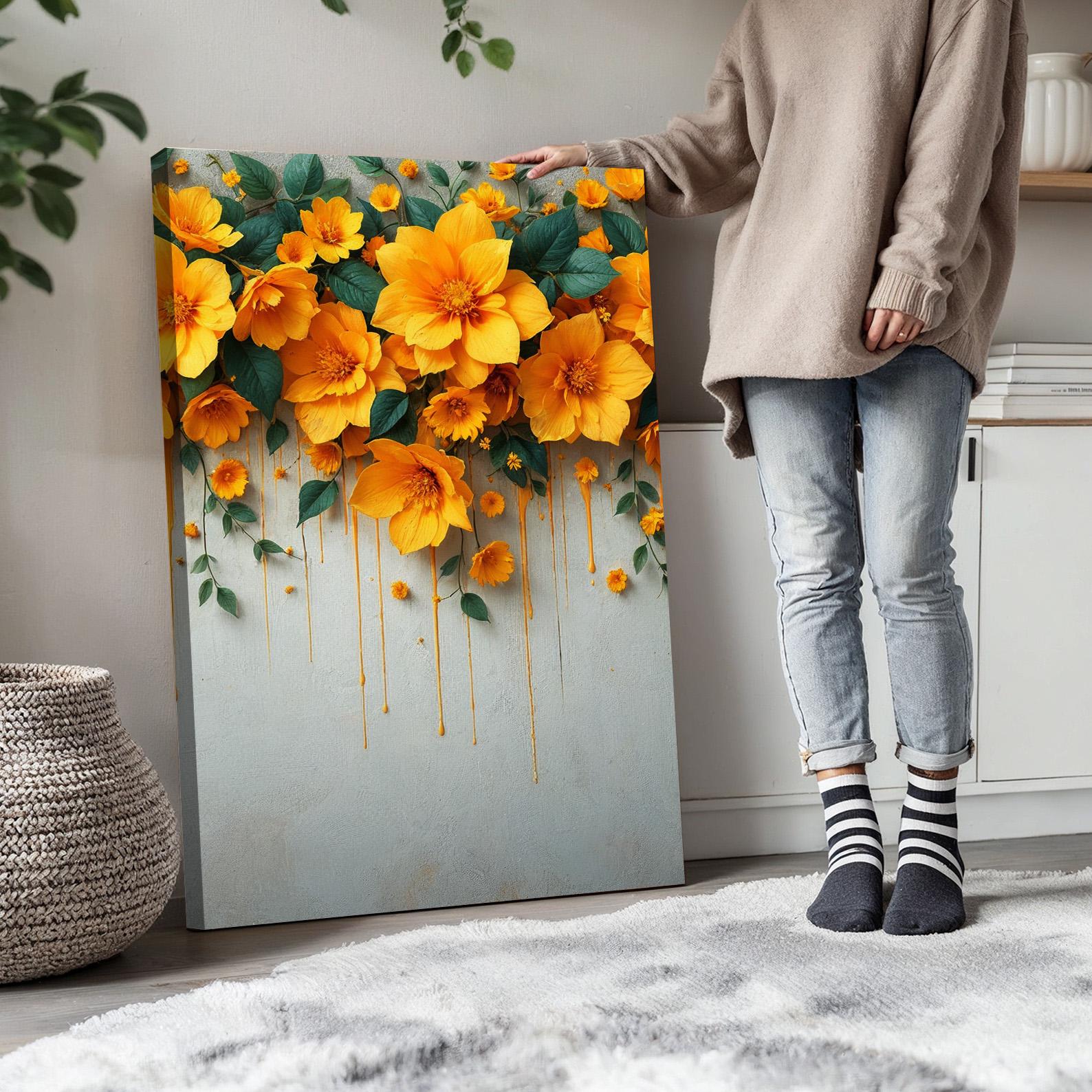 Yellow Floral Wall Art | Set of 3 Cascading Bloom Canvas Prints ...