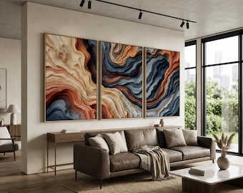 Earthy Abstract Triptych Wall Art | Navy, Burnt Orange & Cream Sandstone Flow Canvas Prints | Organic Geometric Art Set for Modern Decor