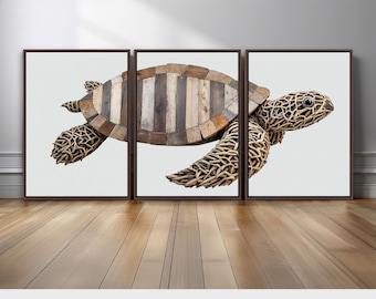 Wooden Turtle Wall Art Triptych | Rustic Driftwood Sea Turtle Canvas Prints | Modern Coastal Beach House Artwork for Ocean Interiors