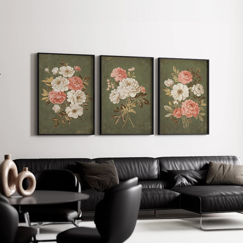 Vintage Floral Triptych Wall Art | Elegant Botanical Set of 3 With ...