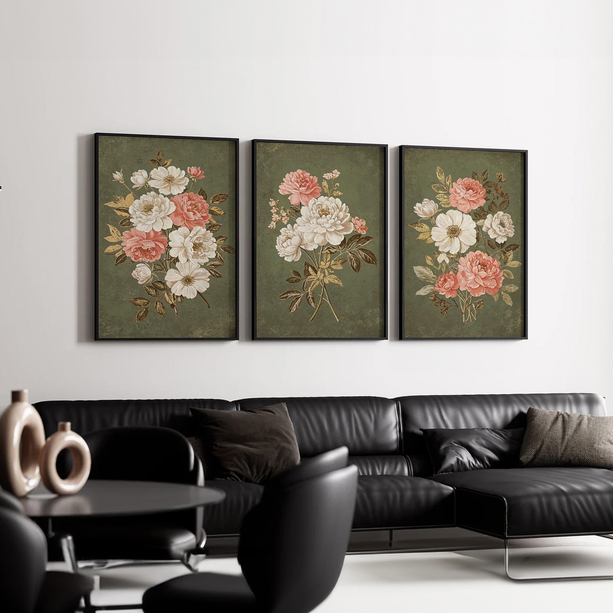 Vintage Floral Triptych Wall Art | Elegant Botanical Set of 3 With ...