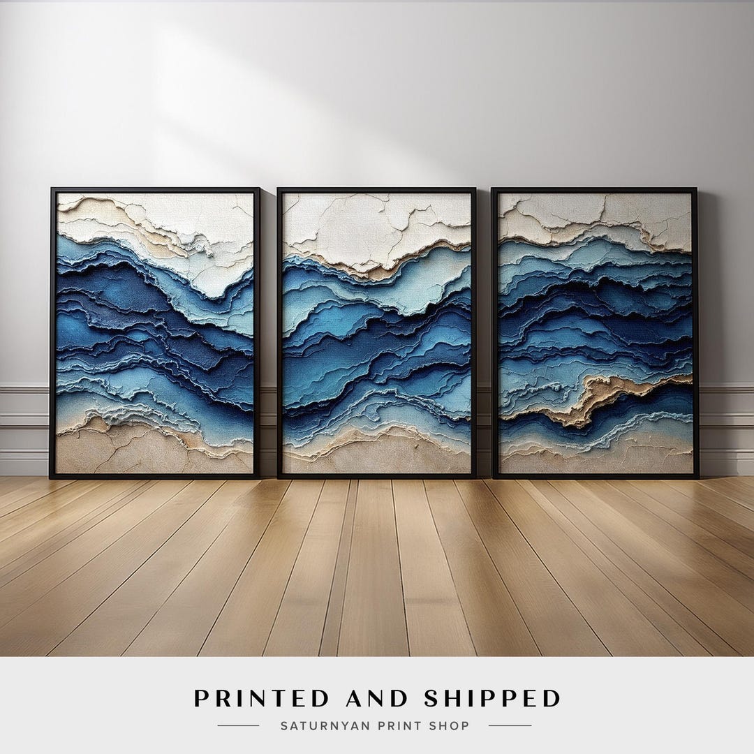 Blue Ocean Abstract Wall Art Set of 3 | Coastal Wave Inspired Triptych ...
