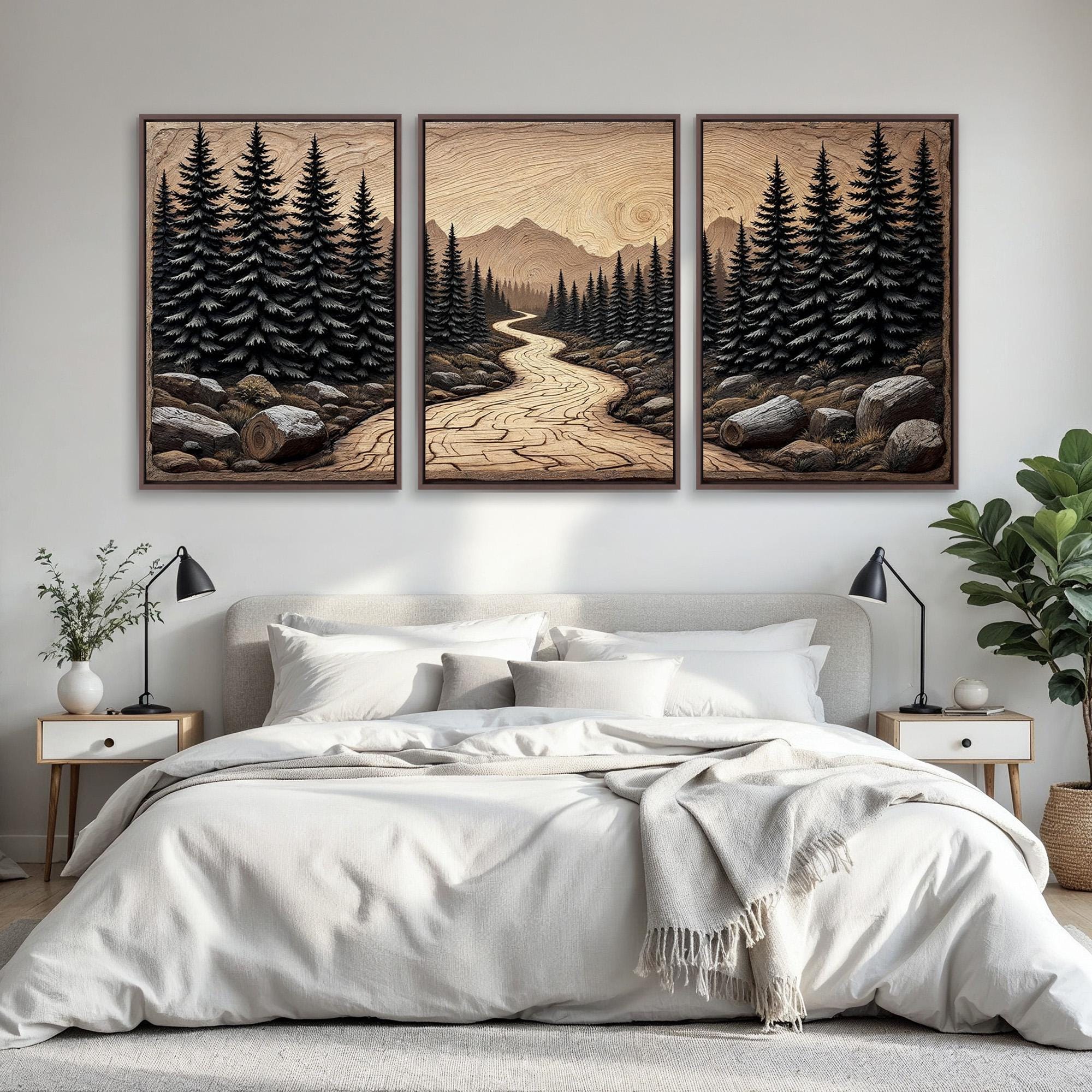 Woodland Pine Tree Wall Art Set of 3 | Winding Forest Path and Mountain ...
