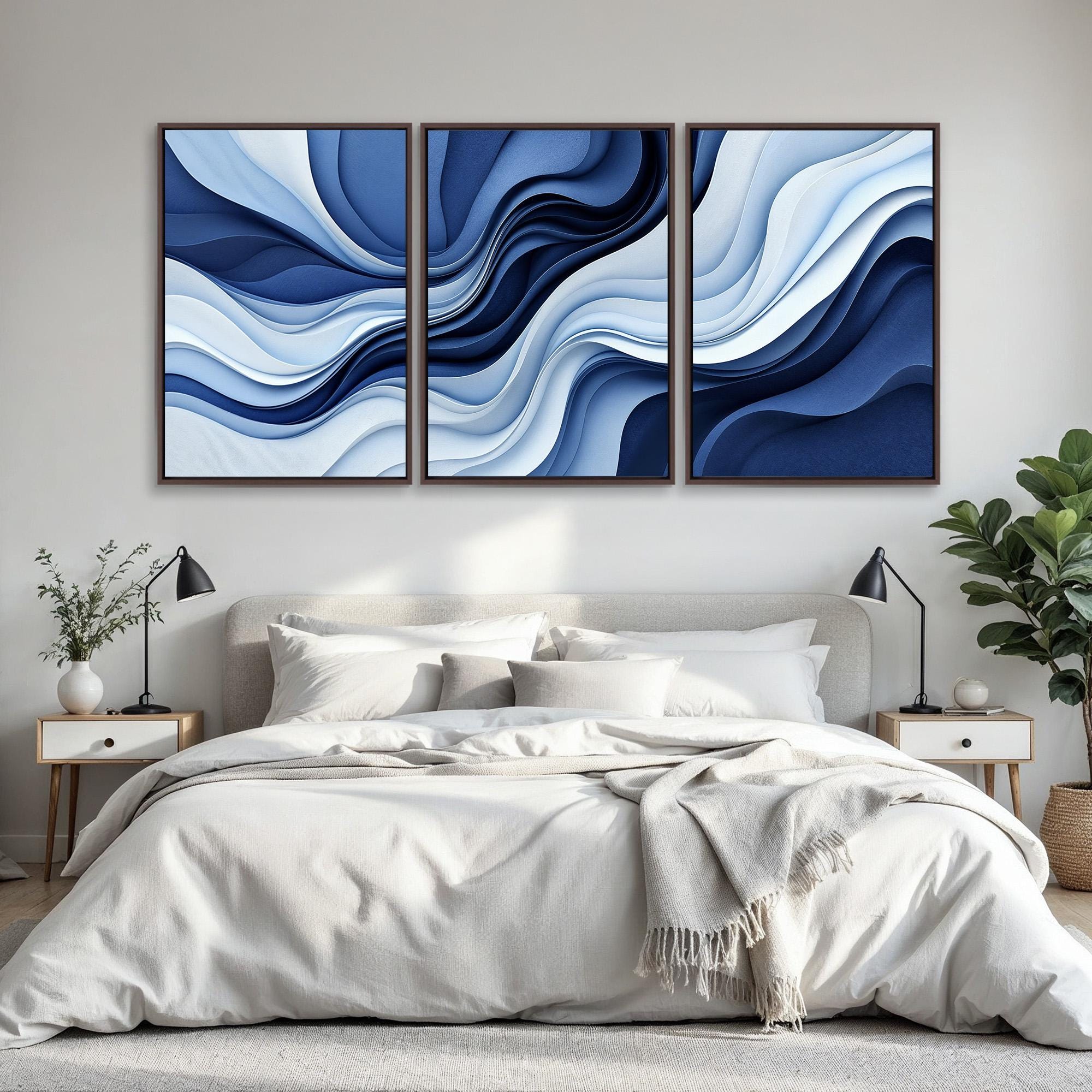 Abstract Ocean Wave Wall Art Set of 3 | Navy Blue White Canvas Prints ...