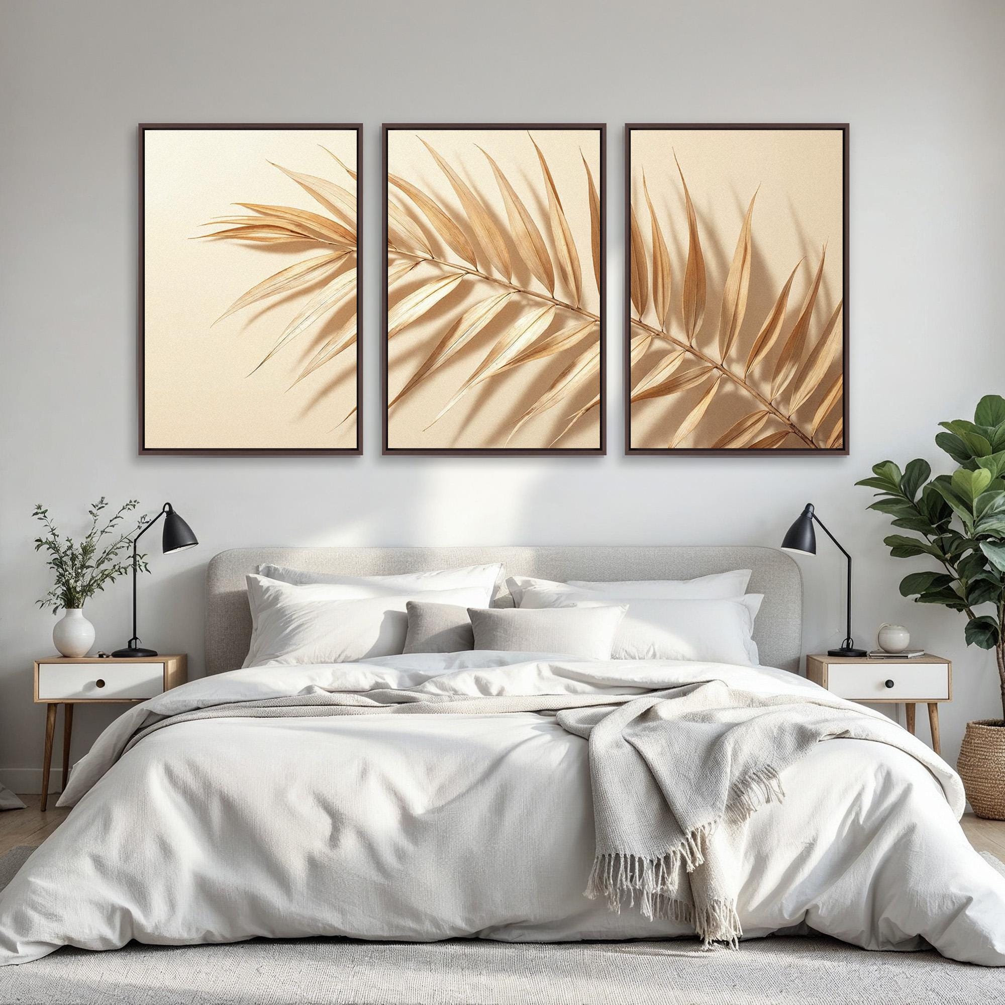 Neutral Palm Leaf Triptych Wall Art | Beige Botanical Leaf Canvas Set ...
