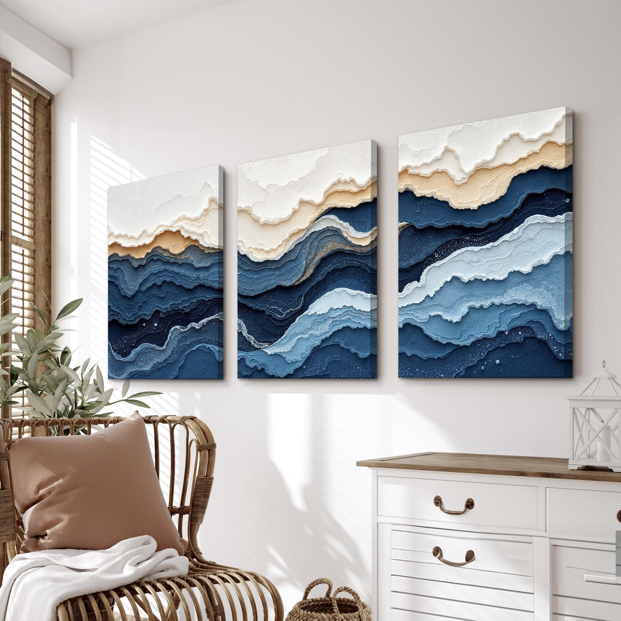 Abstract Wall Art Set of 3 | Blue and Beige Triptych Inspired by Ocean ...