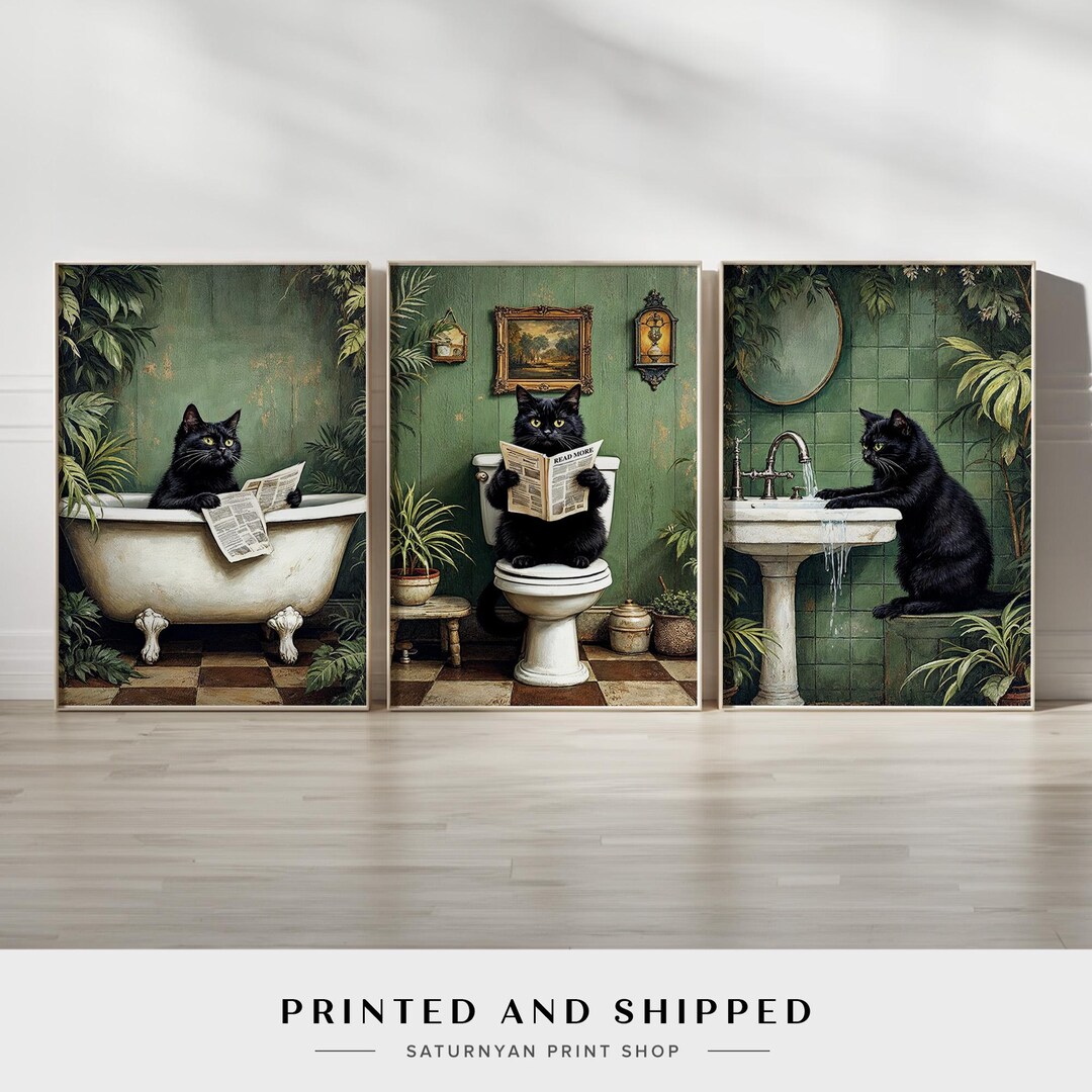 Whimsical Black Cat Bathroom Art | Vintage-style Set of 3 Wall Decor ...