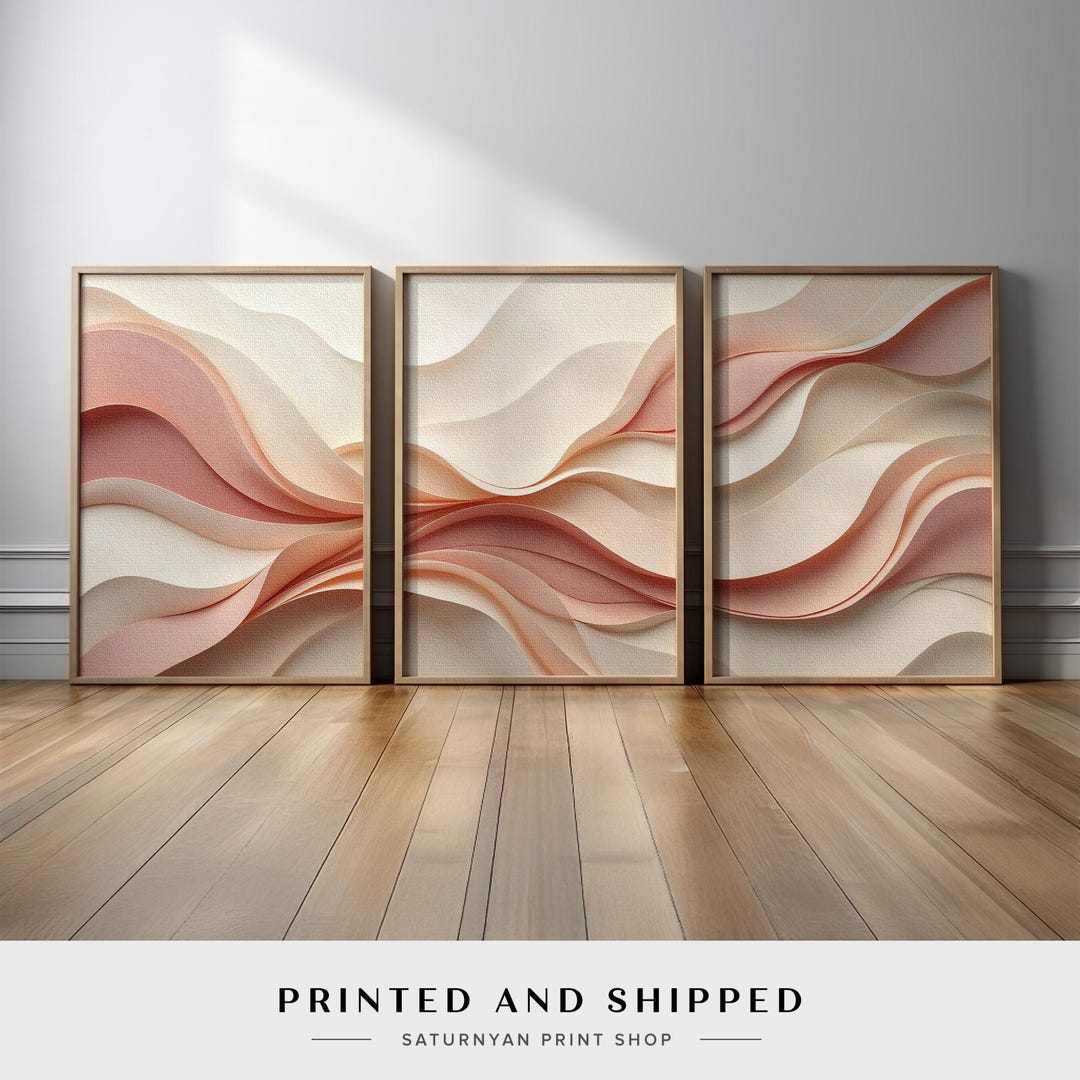 Abstract Wall Art Set of 3 | Soft Neutral Beige and Blush Flowing ...
