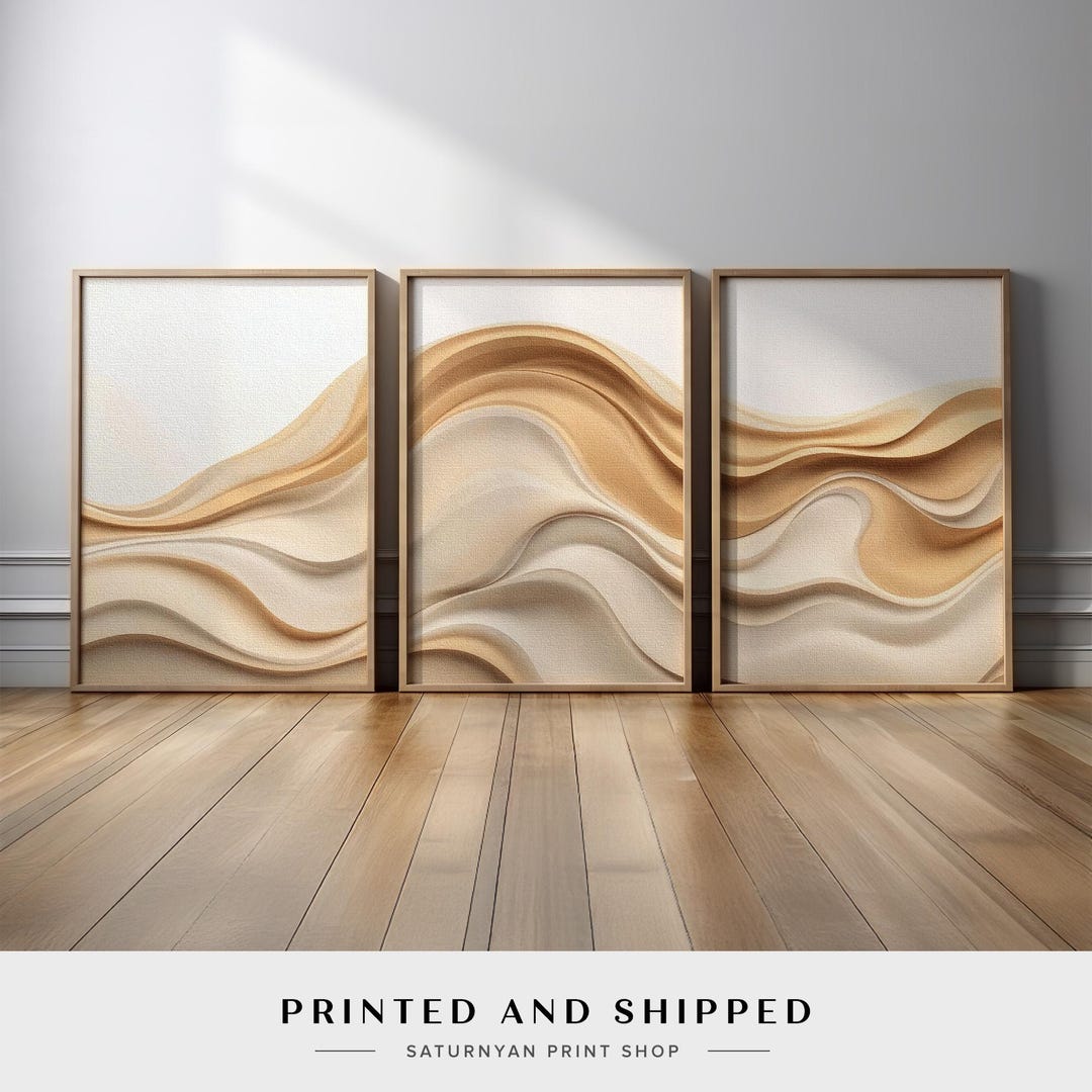 Beige Wave Abstract Triptych | Neutral Minimalist Wall Art Set of 3 ...