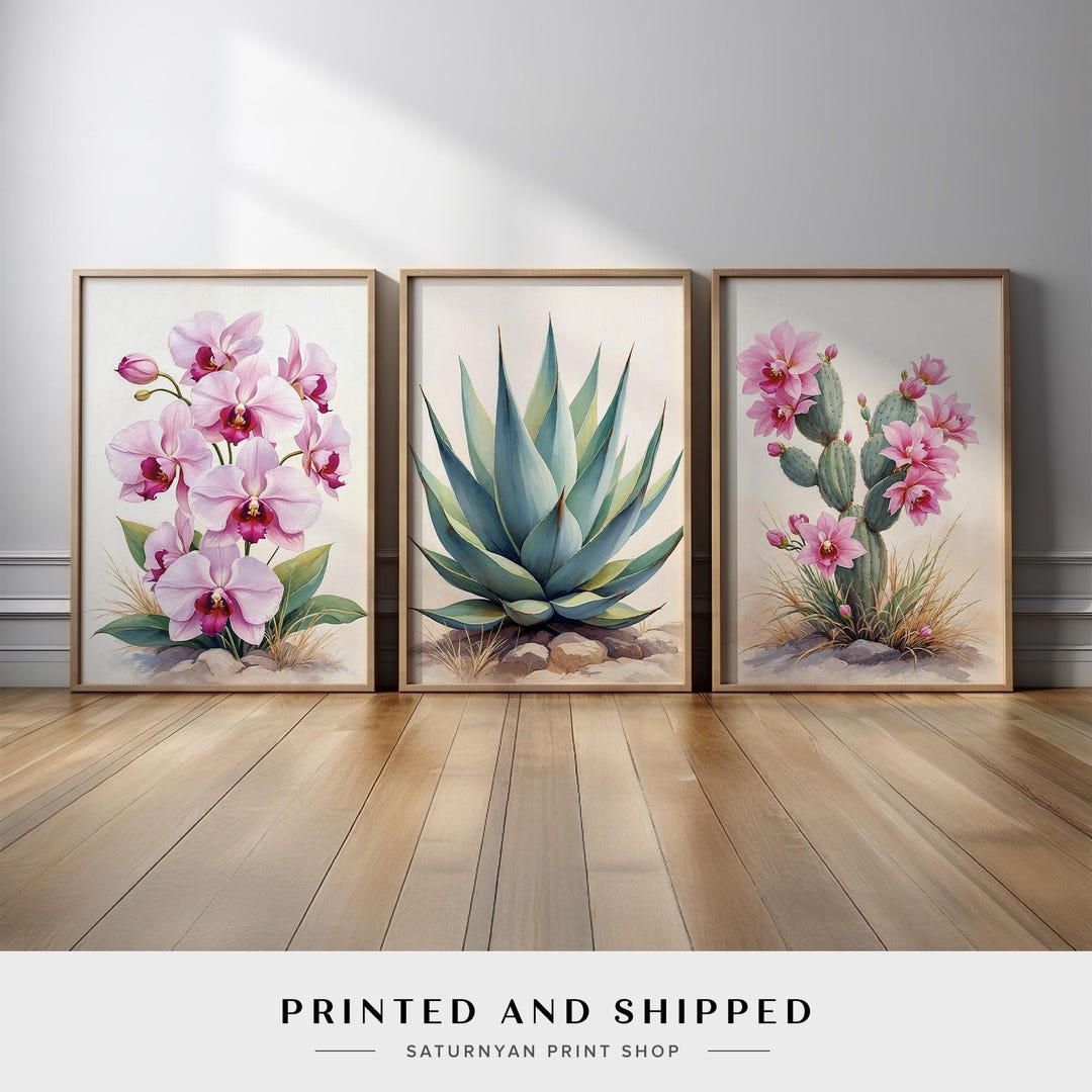 Desert Botanical Wall Art | Agave, Orchid & Cactus Set of 3 | Boho ...