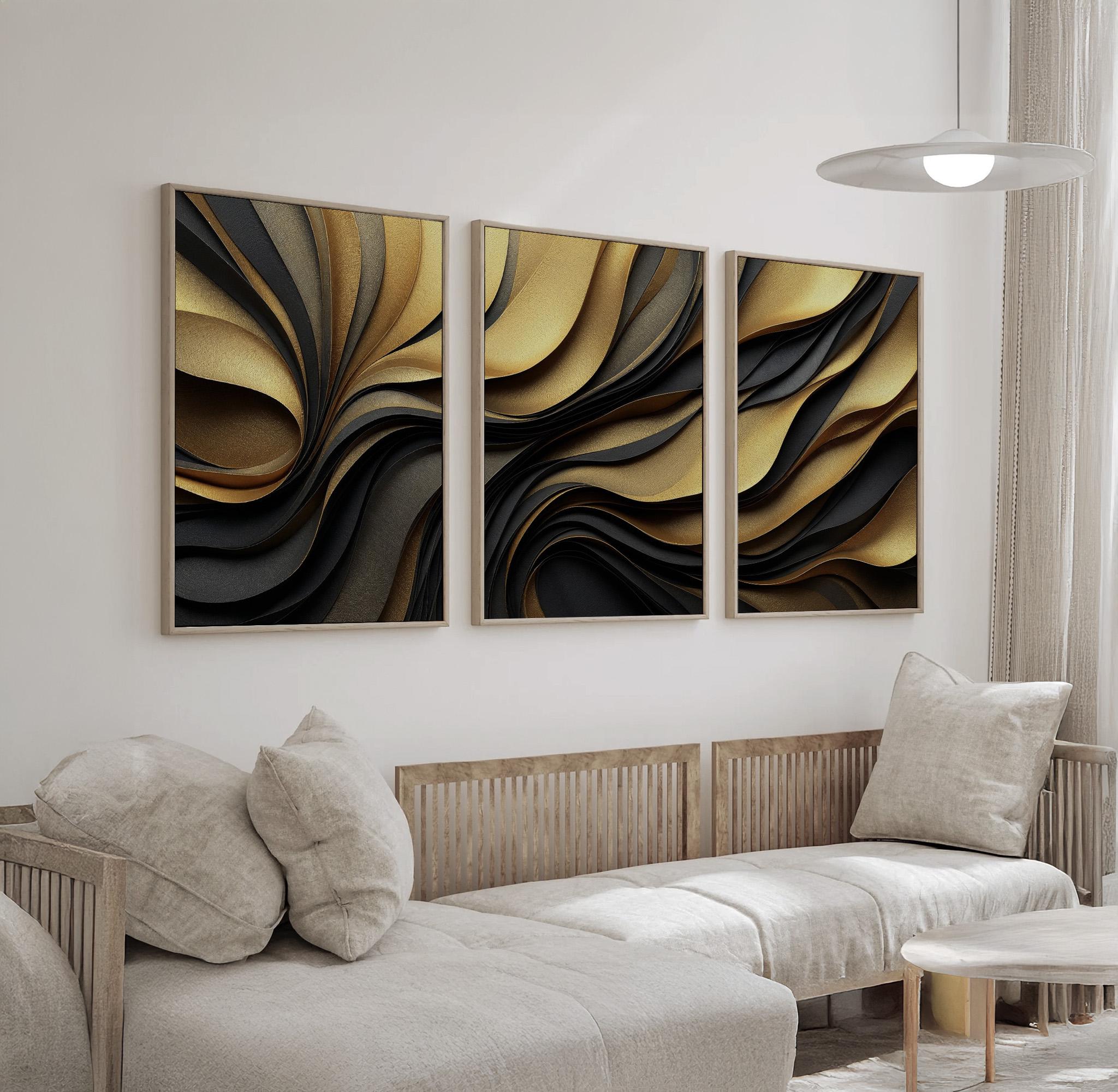 Black and Gold Abstract Wall Art Set of 3, Luxury Wave Pattern Prints ...