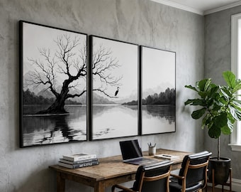 Minimalist Black and White Wall Art Set of 3 | Heron and Tree Silhouette Triptych Canvas Prints for Japandi, Zen, or Modern Home Decor