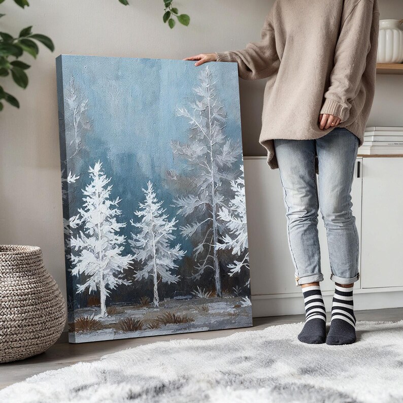 Snowy Landscape Wall Art Set of 3 | White Pine Tree Triptych Canvas ...