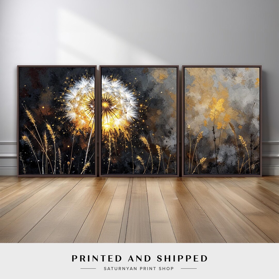 Floral Triptych Wall Art Set of 3 | Glowing Dandelion and Wheat ...