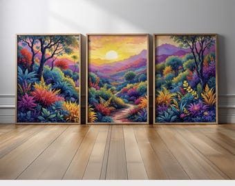 Colorful Sunset Jungle Landscape Wall Art | Vibrant Tropical Forest Set of 3 Canvas Prints with Lush Foliage and Scenic Mountains for Home