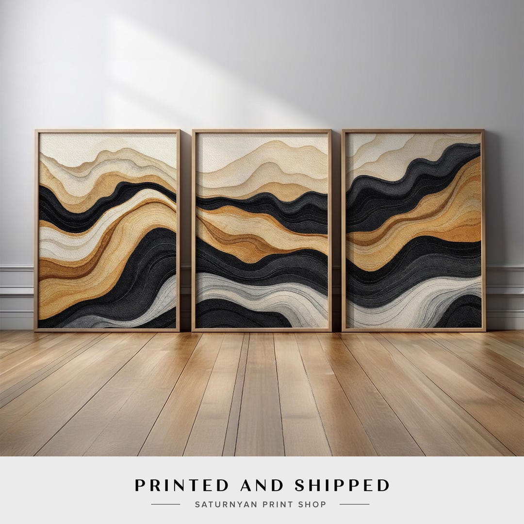 Luxury Neutral Wall Art Set of 3 | Black Beige Gold Flowing Wave ...