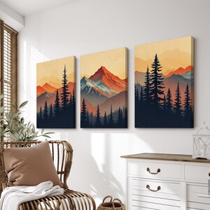 Mountain Forest at Sunset Wall Art | Set of 3 Scenic Decor for Rustic ...