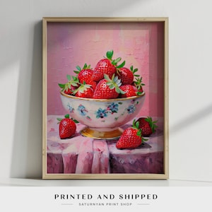 Pink Strawberry In The Bowl painting, Strawberry Artwork, Abstract Strawberry Art Print, Fruit Lover Gifts, Food Wall Art, Poster Print