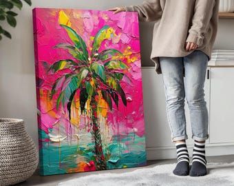 Tropical Palm Tree Art, Coastal Palm Tree Painting, Vibrant Pink Palm Tree Artwork, Palm Trees by the Beach Decor, Island Palm Tree Wall Art