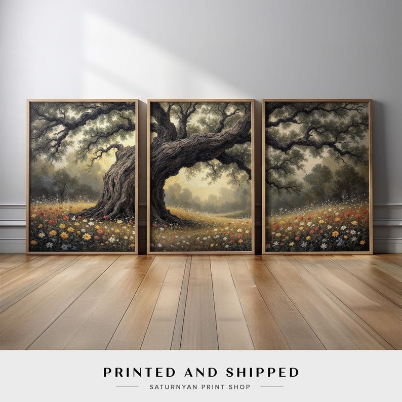 Majestic Tree and Wildflower Meadow Wall Art Set of 3 | Enchanted ...