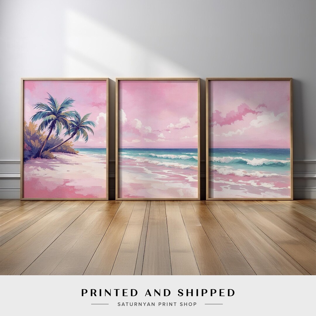 Pastel Pink Beach Triptych Wall Art | Coastal Ocean Print Set With Palm ...