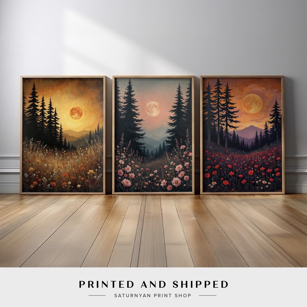 Set of 3 Moonlit Landscape Wall Art – Floral Forest Poster Prints With ...