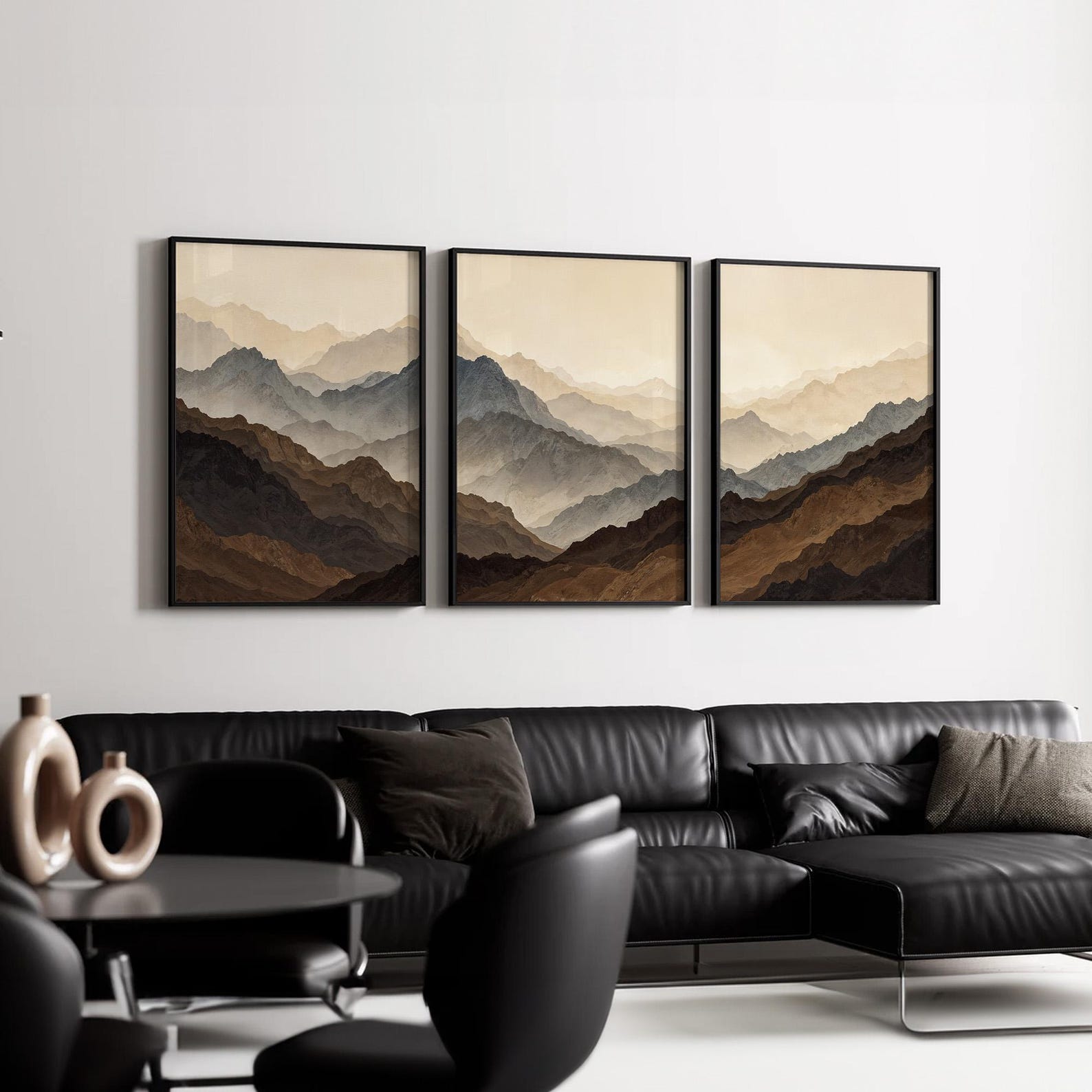 Neutral Mountain Wall Art Triptych | Misty Layered Landscape Set of 3 ...