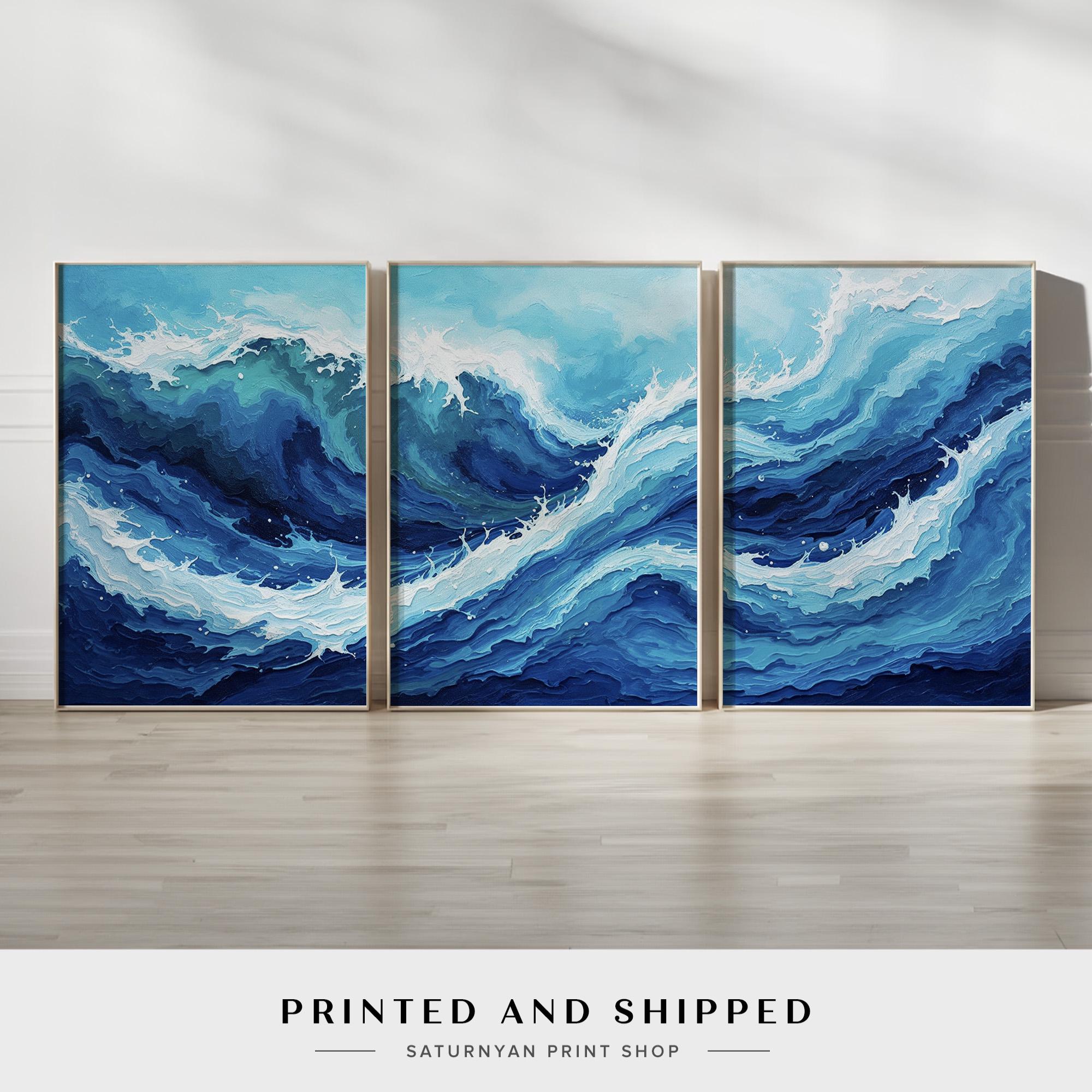 Ocean Wave Wall Art Set of 3 | Abstract Blue Ocean Waves Canvas Prints ...