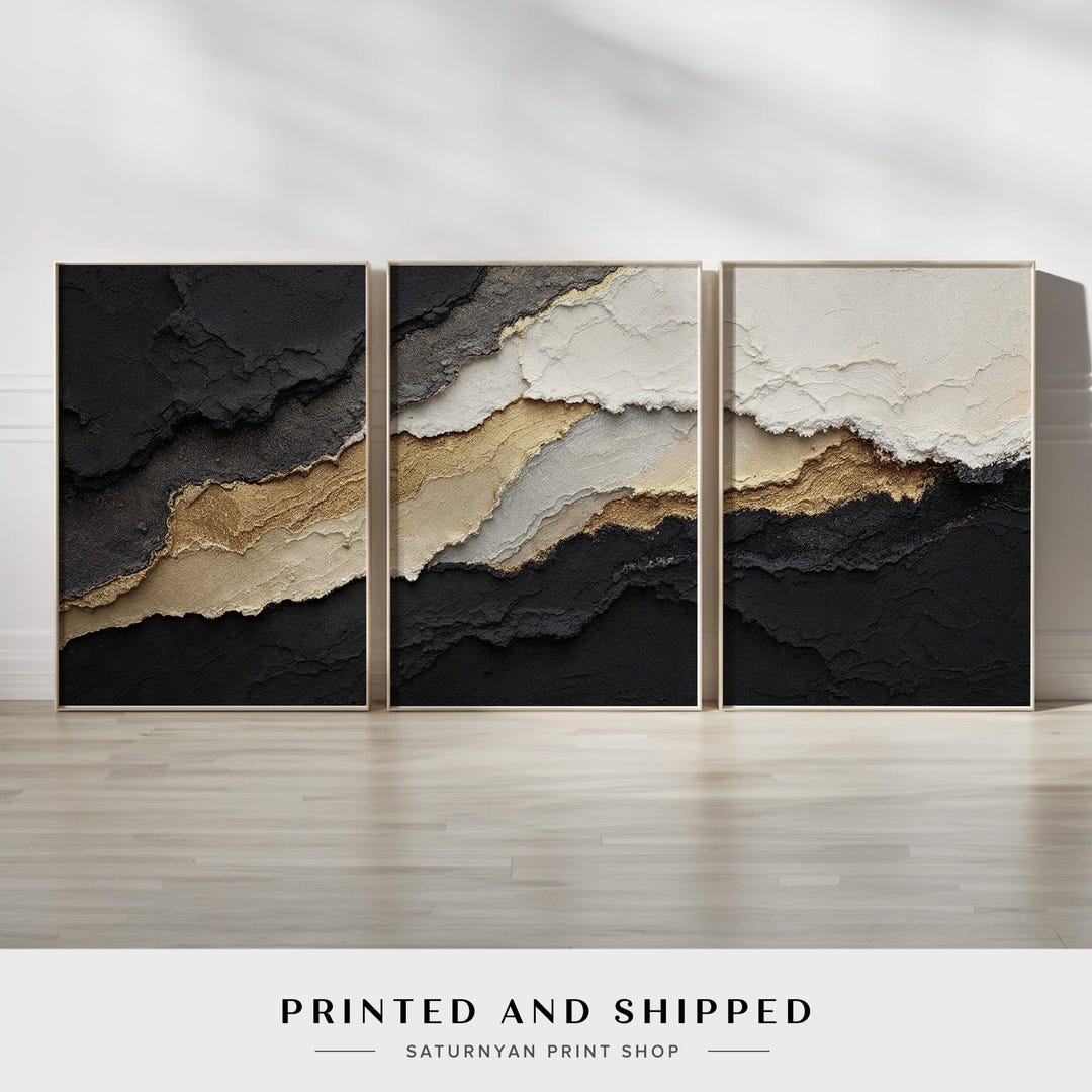 Luxury Abstract Wall Art Set of 3 | Black, Gold, and Cream Sediment ...