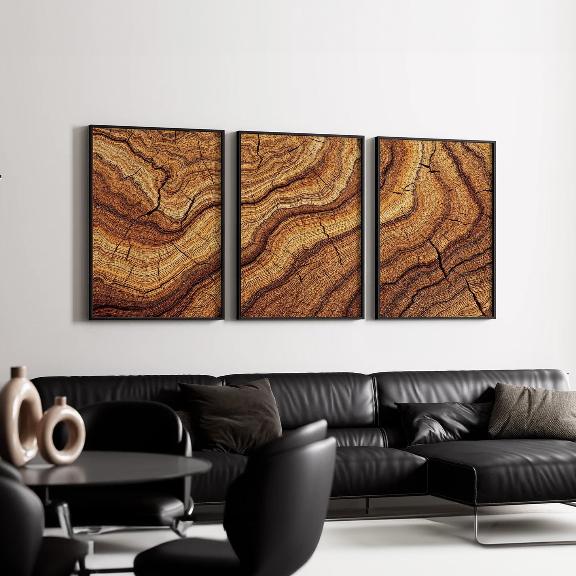 Earth Tone Abstract Wood Grain Wall Art Triptych | Tree Ring