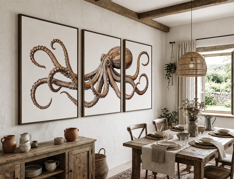 May include: A triptych wall art set featuring a large brown octopus illustration divided across three separate rectangular canvases with dark brown frames, displayed against a light-colored wall in a dining room setting.
